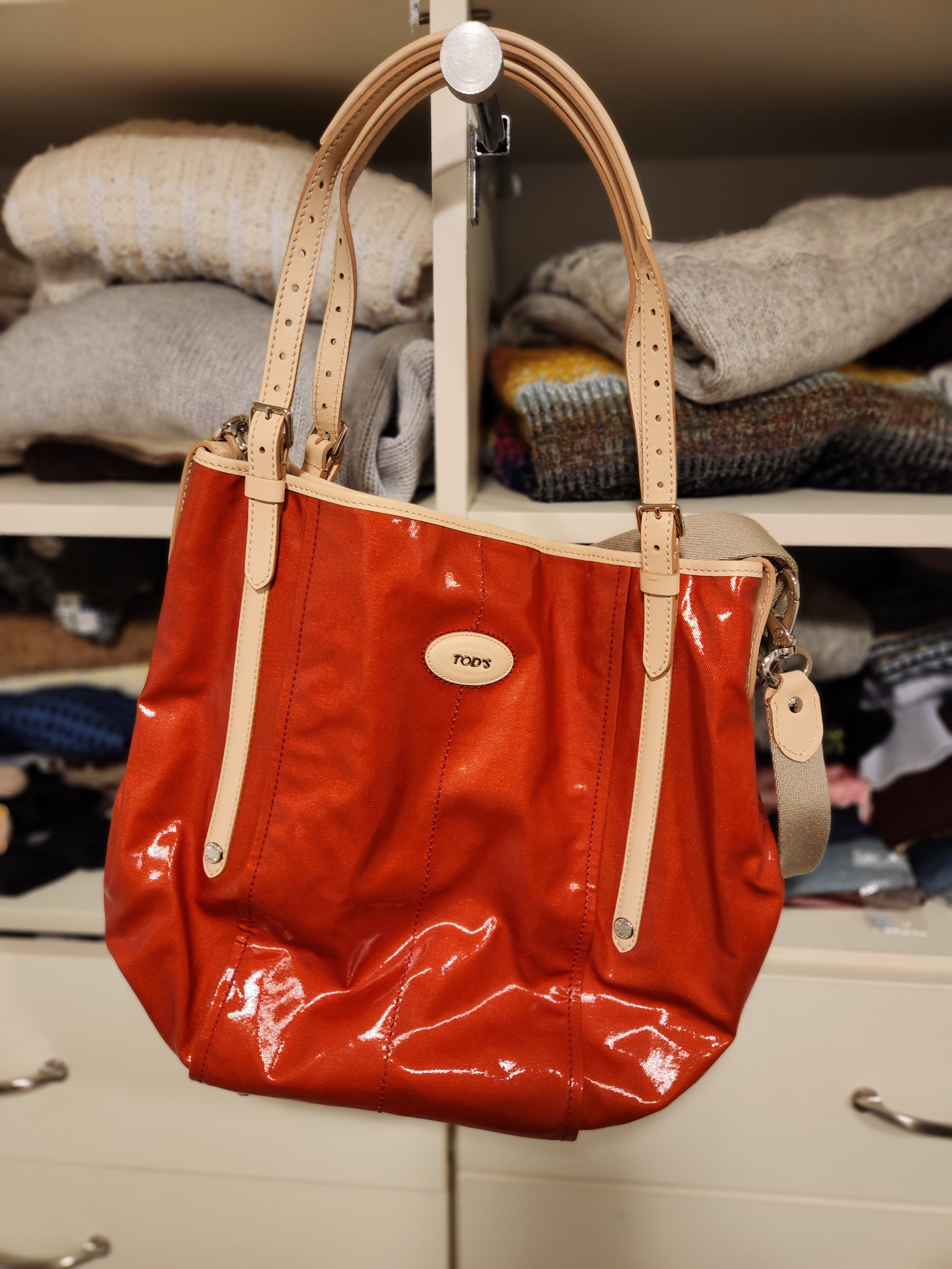 Tod's Red Patent Leather Tote With Beige Trim
